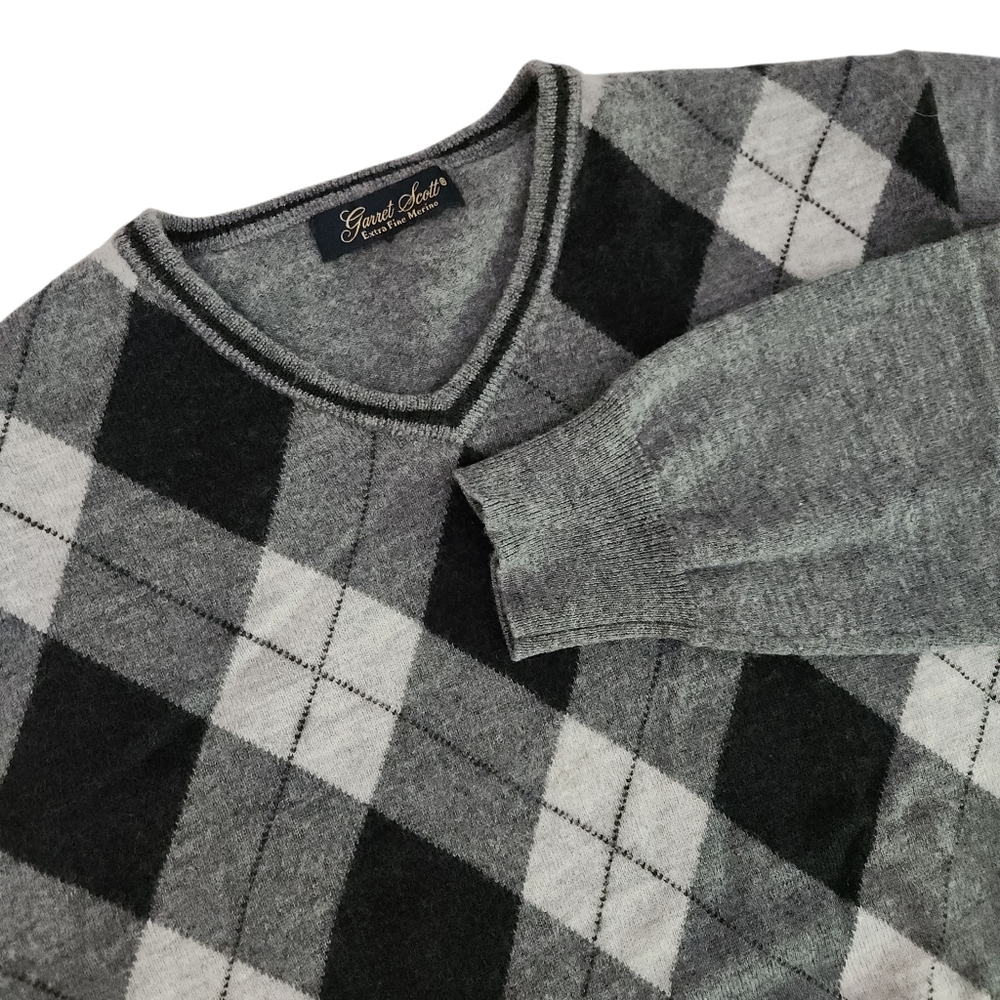 GARRET SCOTT 100% extra-fine merino wool argyle v-neck sweater small